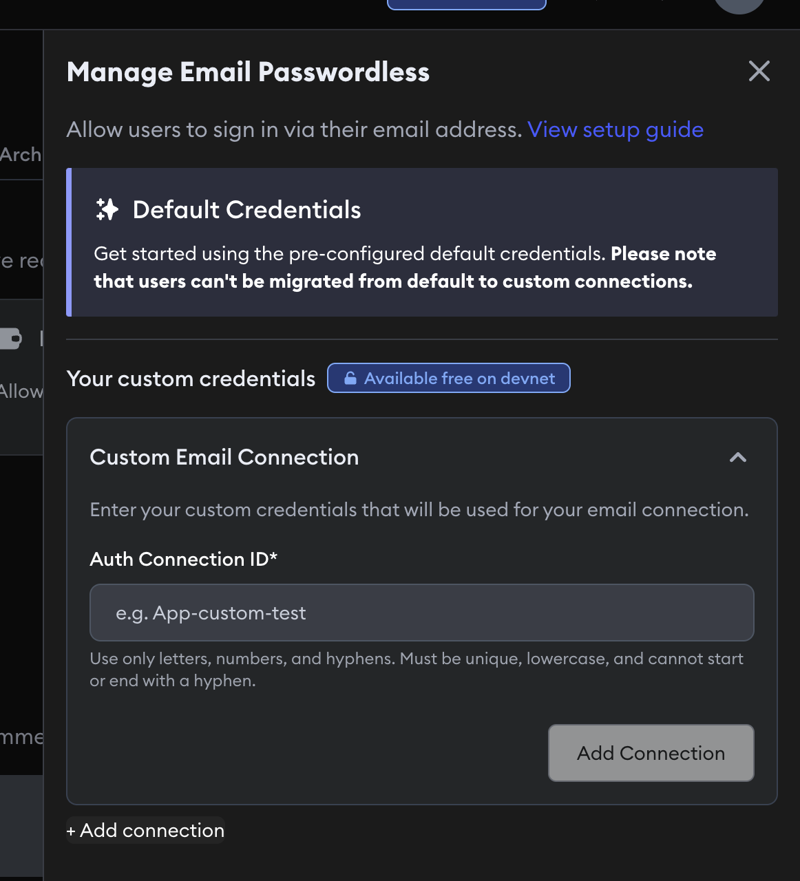 Email Passwordless Add Connection