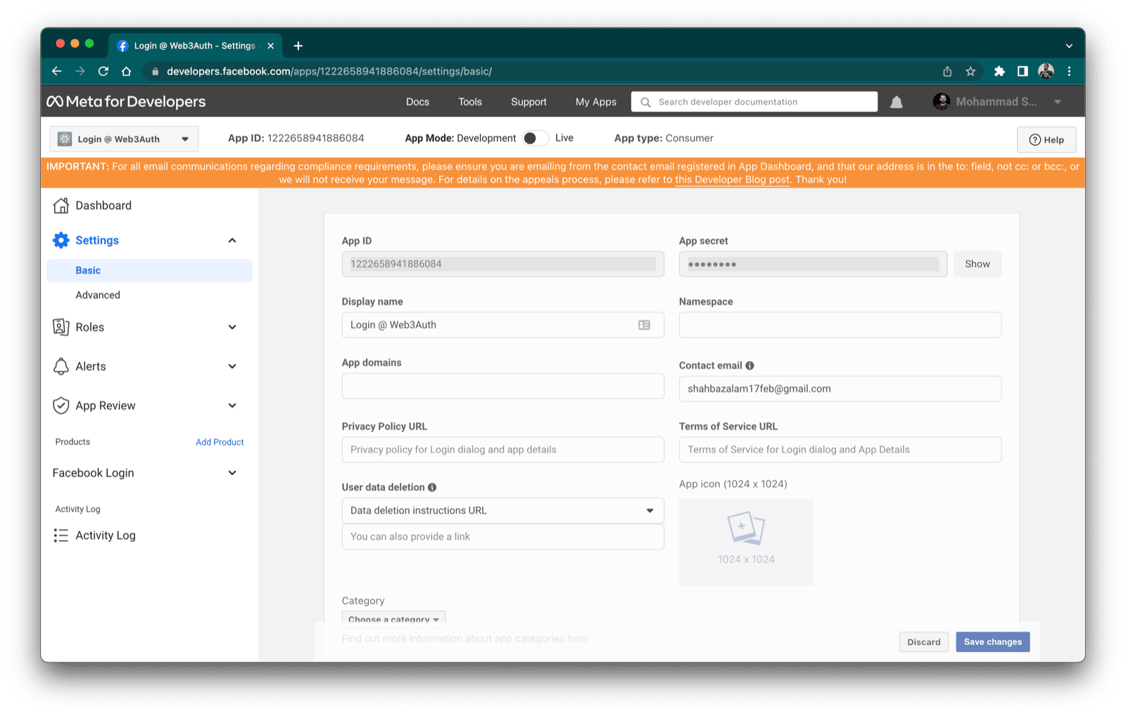 Facebook OAuth2.0 App Dashboard